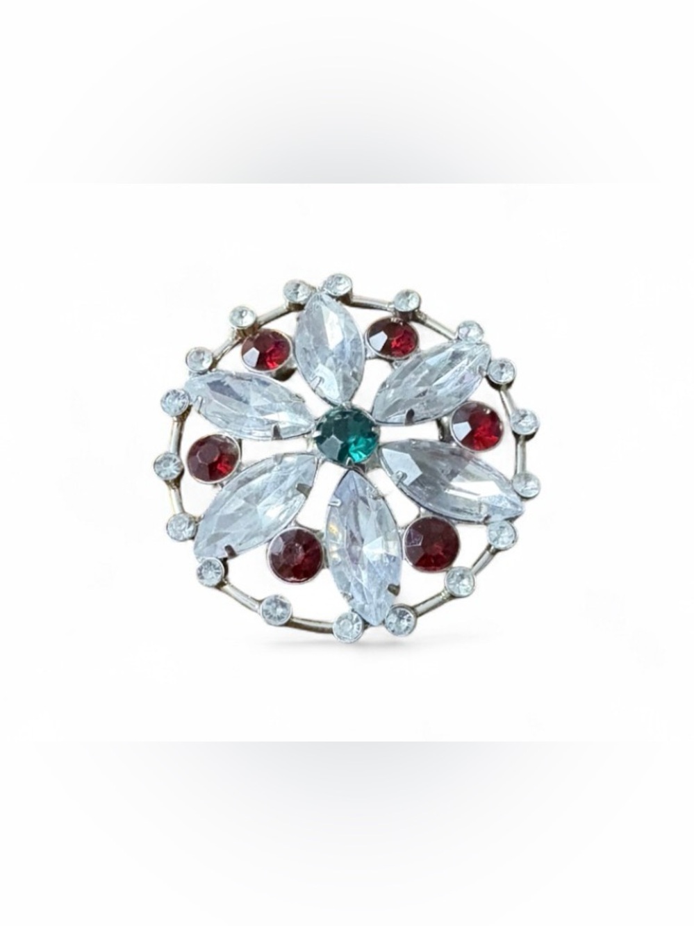 VTG Silver Rhinestone Flower Brooch Holiday Pin